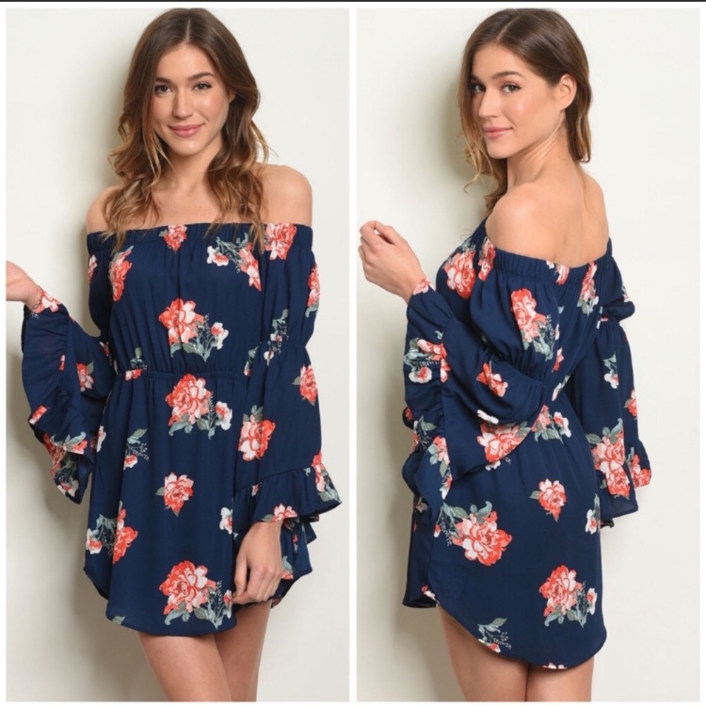 💥 Last one! Size SM. Navy Off Shoulder Ruffle Bell Sleeve Dress - Picture 1 of 1